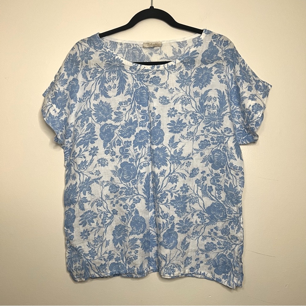 Bellambra Italy 100% Linen Blue Floral‎ Top Small Lightweight Summer